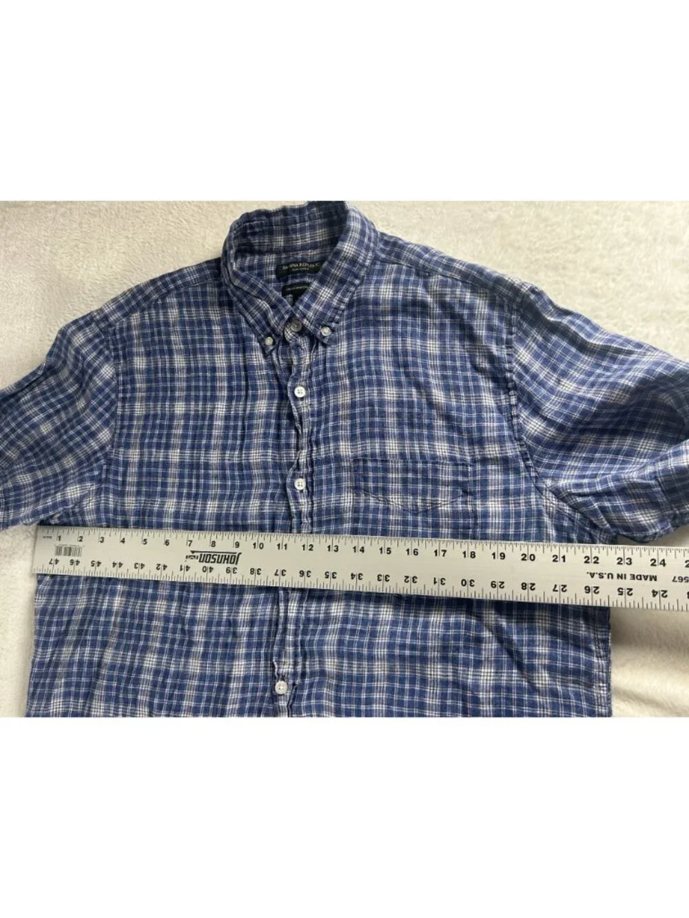 Banana Republic Mens Blue Plaid Linen Button-Down Short Sleeve Shirt Camden Fit